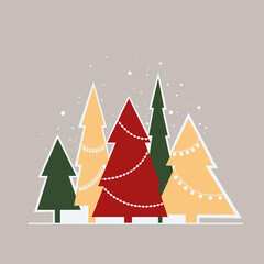 Christmas card. Stylized colored Christmas trees on a colored background. Beautiful vector illustration for postcards, covers, cards.