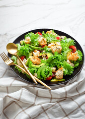 salad with veggies, cheese, croutons, top view