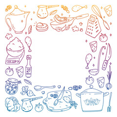 Vector set of cooking, gastronomy, vector cuisine and fast food cafe icons in doodle style. Painted, colorful, gradient, on a sheet of checkered paper on a white background.