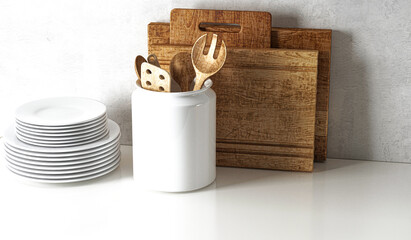 Domestic kitchen with dishes and container, empty worktop for mockup, 3d rendering, 3d illustration