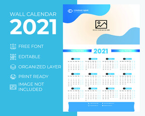2021 Wall calendar ocean blue template design,Editable Vector Calendar, Set of 12 Months, the week starts from Monday, calendar planner,Stationery design