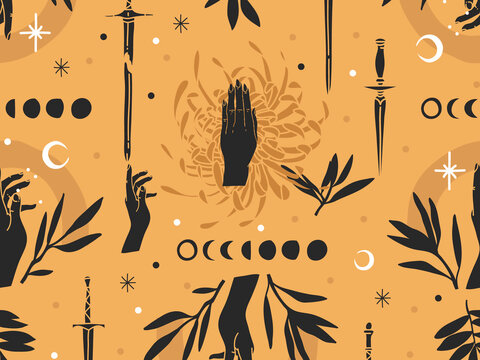 Hand drawn vector abstract flat stock graphic icon illustration sketch seamless pattern with human hands, mystic occult sun and moon phases ,simple collage shapes isolated on golden background