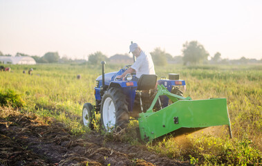 Obraz premium Farmer on a tractor digs out potatoes from soil. Extract root vegetables to surface. Farming and farmland. Simplify speed up work with technology and machines. Harvesting potatoes in autumn.