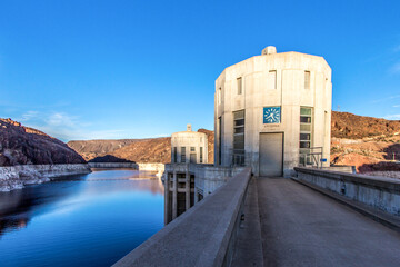 Arizona Time. Large clock displays Arizona time at the Hoover Dam on the Nevada and Arizona state border.