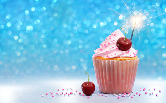 3D illustration of pink cupcake with icing sugar and festive fire spark