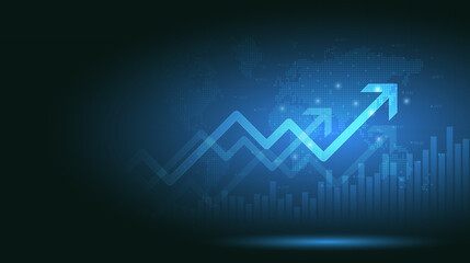 Abstract financial chart with arrow graph and world map in stock market on blue color background