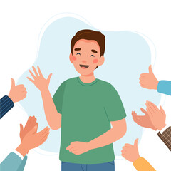 Happy young man surrounded by hands with thumbs up and applauding. Success and social approval and acceptance concept