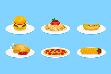 Set of fast food vector illustration. Burger, spaghetti, pizza, fried chicken, kebab, hotdog.  