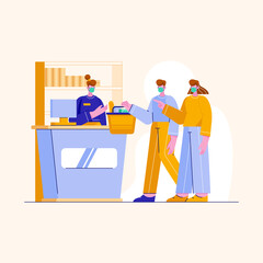 illustration of people at the supermarket wearing medical masks. People shopping at stores.