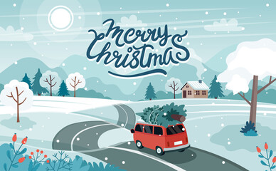 Car with christmas tree on the road. Cute winter landscape. Vector illustration in flat style