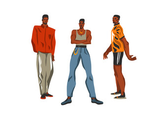 Obraz premium Hand drawn vector flat abstract stock graphic illustrations collection set with young happy black african american beauty male guys, in fashion street outfit isolated on white background