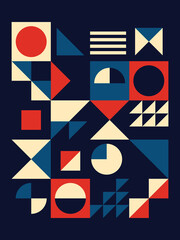 Vintage mid-century modern vector poster design in 18x24 format - 60's and 70's geometric pattern with triangles, circles and abstract shapes
