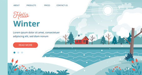 Cute winter landscape page template. Vector illustration in flat style