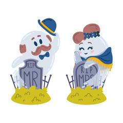 Halloween characters. Ghosts and gravestones. Love story in the cemetery. Two spirits Mr and Mrs meet at their tombstones. Rest in peace. 31 october. Vector illustration isolated on white background.