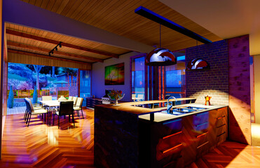 Cocina comedor iluminada-render 3d