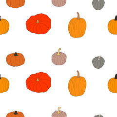 Pumpkin colorful seamless pattern. Vector illustration isolated on white background. Healthy vegetarian food. Doodle style. Decoration for greeting cards, posters, patches, prints for clothes, emblems