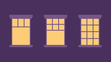 Set of open windows at night. Lights on in the room. Vector illustration
