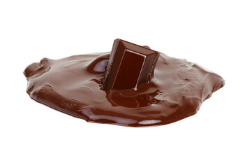 Melting piece of dark chocolate bar on white