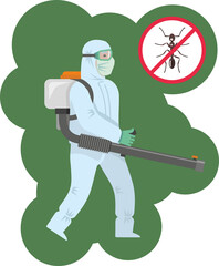 The disinfector carries out treatment against ants. A brown wild ant with a red circle crossed out. Pest Control Sign: No Ants, Stop Ants. Flat infographics. Vector illustration..