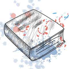 A closed book in the style of the sketch. Subject for school, training. On a background with blotches and splashes of paint. The design for the school of education. Vector illustration