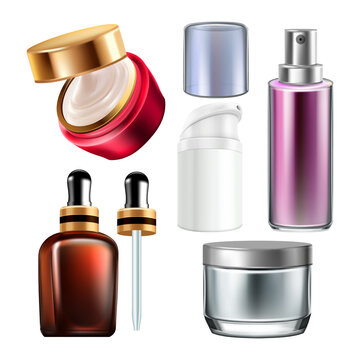 Night Cream And Cosmetics Containers Set Vector. Shaving Foam And Perfume Blank Containers, Oil Essence Bottles And Sprayers Collection. Skincare Accessories Template Realistic 3d Illustrations