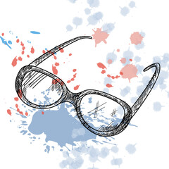 Glasses in the style of the sketch. Subject for school, training. On a background with blotches and splashes of paint. The design for the school of education. Vector illustration