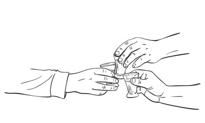 Three hands clinking shot glasses with alcohol drink, Vector sketch Hand drawn illustration isolated black and white