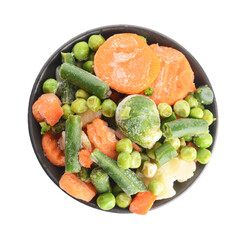 Mix of frozen vegetables in bowl on white background