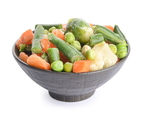 Mix of frozen vegetables in bowl on white background