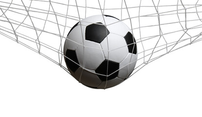 soccer ball in the net on a white