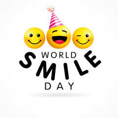 World Smile Day design template, October 2. Happy yellow smiling icons and text, web banner design. Vector emoticon on white background. 3d style emoji joy icons illustration 