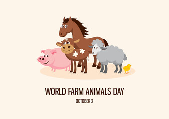 World Farm Animals Day vector. Group of cheerful animals vector. Cute farm animals cartoon character. Group of livestock vector. Farm Animals Day Poster, October 2. Important day