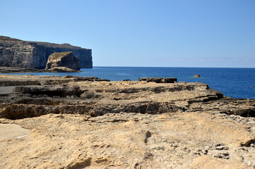 Dwejra cliffs landscape on Gozo island in bright sunny day, Malta