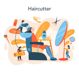 Hairdresser concept. Idea of hair care in salon. Scissors and brush,