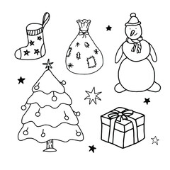 Gift bag, gift sock, Christmas tree, stars, snowman, gift box. Set isolated elements for Christmas design. Doodle illustration.