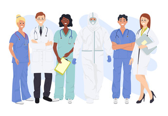 Banner with a multicultural group of medics. Medical team doctor nurse therapist surgeon professional hospital workers, group of medics.