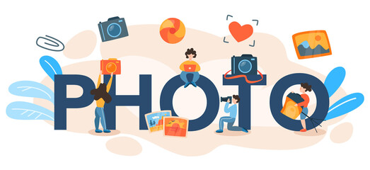 Fototapeta premium Photo typographic header concept. Professional photographer with camera