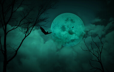 Halloween concept; Forest horror background with full moon and dead trees in the night sky.
