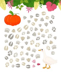 Maze game for children. Farm animals collection. Help the goose to find the pumpkin.

