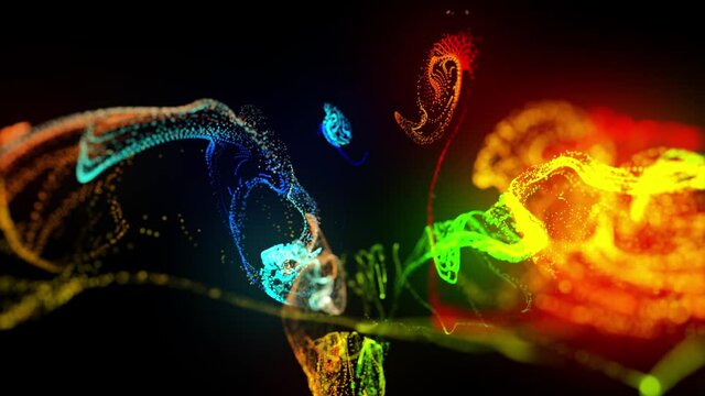 injection of fluorescent multicolor ink in water in 4k. 3d render of glow particles in ink flow. Luma matte as alpha channel. Background of shiny ink effect advection. 41