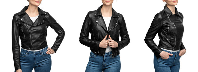 Woman posing in black leather jacket isolated on white background