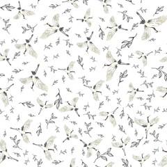 Seamless pattern with Japanese white cranes and peony, embroidered sequins.