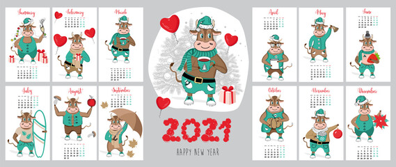 Calendar 2021. Year of the bull. New year illustration. Hand drawn vector.