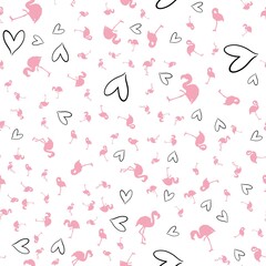 Flamingo seamless pattern on polka dots background. Flamingo vector background design for fabric and decor.
