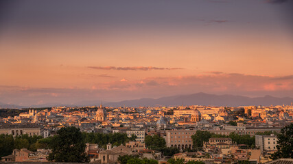 Beautiful skyline view of Roma from the Gianicolo hill at the sunset. Panorama of Rome from the...