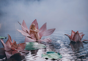 Happy young little blonde woman sits in a huge pink lotus flower that floats on the water. Fantasy...