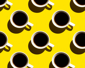 Cup of coffee with shadow, pattern on yellow background