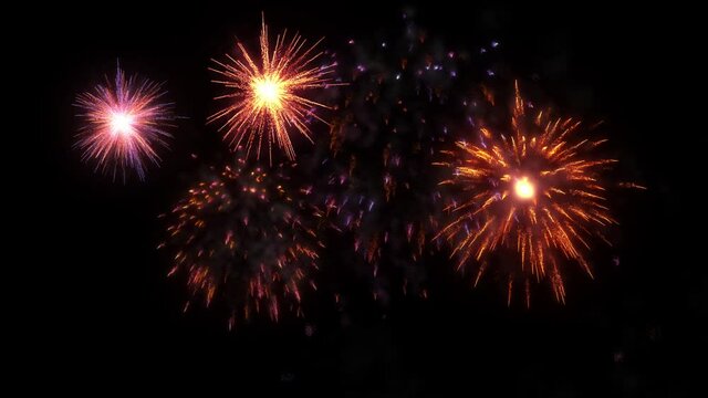 4K 3d animation pyrotechnic light show. Multi colored fireworks for holiday background such as New Year eve, Christmas, an other celebration.  Firecrackers show are isolated on black for compositing. 
