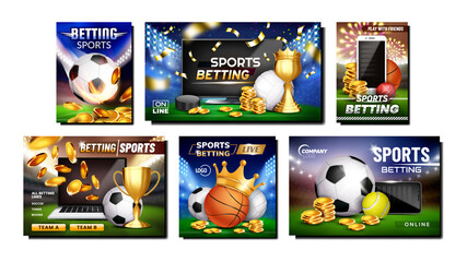 Betting Sports Promotional Posters Set Vector. Tennis And Soccer, Cricket And Basketball, Hockey And Volleyball Betting Sportive Games Advertising Banners. Style Color Concept Template Illustrations