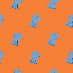 Fototapeta premium Minimalistic halloween print with ghosts seamless pattern. Blue spooky print on orange background.